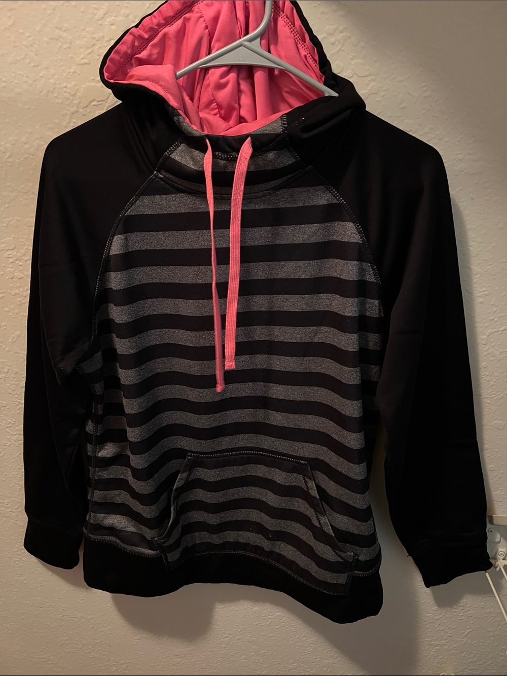 Women’s Reebok Striped Hoodie Sweater - Black with Pink Trim
